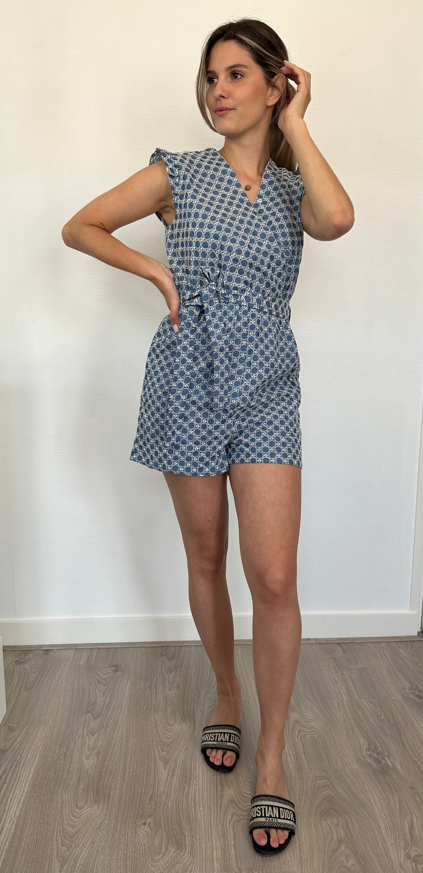 Feline denim playsuit