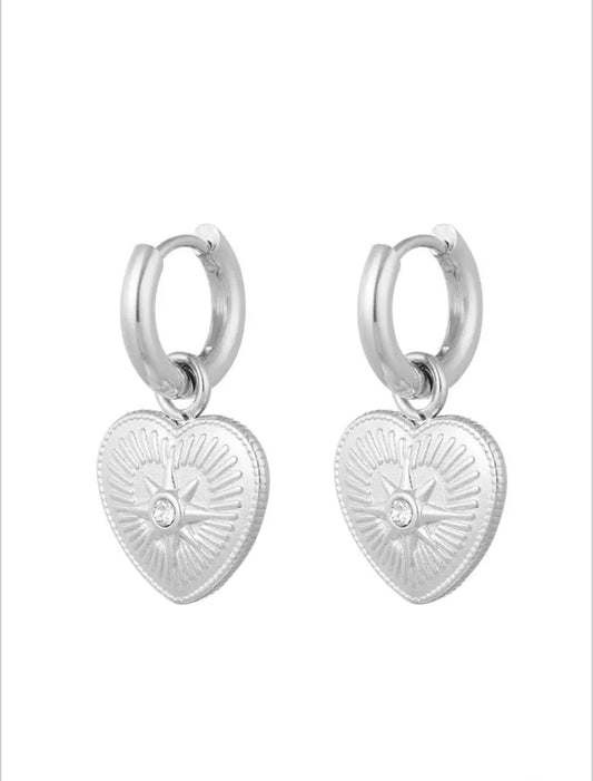 Oorbellen heart coin met steen - zilver